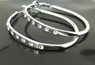 18k 18ct White Gold Filled GF Crystals 4cm Hoop Earrings E-A783 Gift Woman - Image 1 of 3