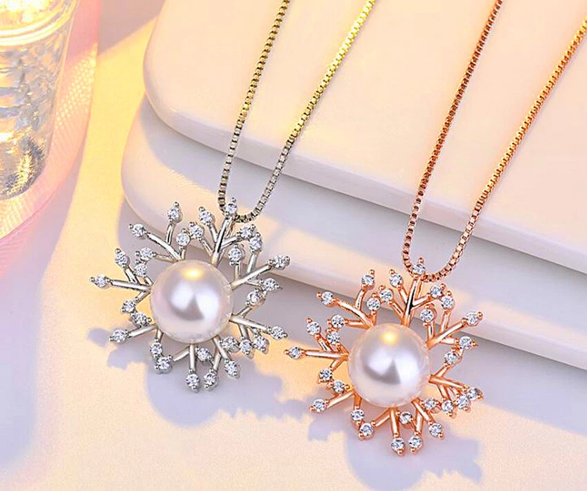 Pearl Snowflake Pendant 925 Sterling Silver  Necklace Womens Jewellery Love Gift - Image 1 of 1