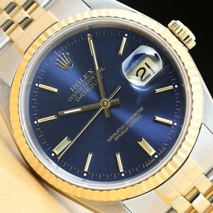 ROLEX MENS DATEJUST 16233 BLUE DIAL 18K YELLOW GOLD BEZEL STAINLESS STEEL WATCH - Picture 1 of 9