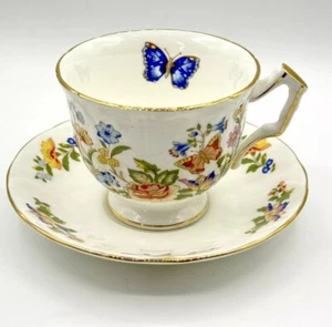 AYNSLEY Butterflies Flowers Teacup & Saucer England Vintage Butterfly EXCELLENT - Picture 1 of 15