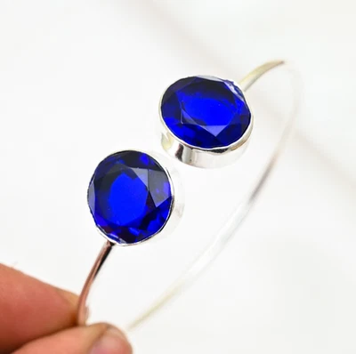Pulsera de plata de ley 925 hecha a mano con piedras preciosas creadas en laboratorio de zafiro azul joyería Foto 1 de 4