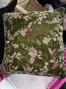 Anke Drechsel Silk Velvet Hand Embroidered Vintage Duck Feather Pillow - Picture 1 of 9