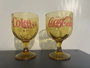 Enjoy COCA-COLA Coke 16oz Thumbprint Heavy Amber Glass Red Letters Set/2 ( T 34 - Picture 1 of 2