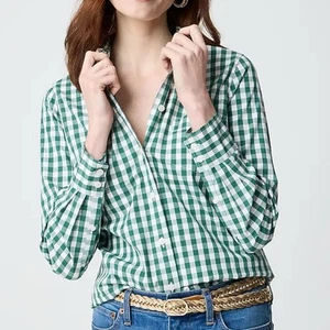 J. Camisa Crew Factory Abotonada Mangas Largas Ligera Verde Guinga XS - Imagen 1 de 9