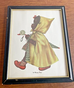 Black Americana African American Print @1947 "A Rainy Day" Boy Unbrella Raincoat - Picture 1 of 4