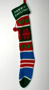Vintage Knitted Merry Christmas Stocking with Poinsettias and Holly Design - Picture 1 of 6