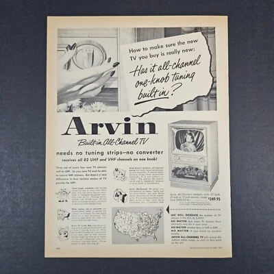Anuncio impreso vintage de televisión todo canal integrado Arvin 1953 Columbus en UHF VHF Foto 1 de 4