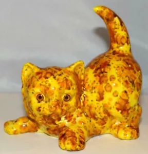 Gato Gatito Gatito Estatuillas Figura Cerámica Molde Holanda Años 50 Kitsch Amarillo Marrón - Imagen 1 de 7
