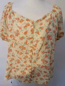 Ladies Top Yellow Size 18 Floral Open Tie Back Round Neck Buttoned Front - Picture 1 of 11
