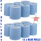 12 x Jumbo Workshop Hand Towels Rolls 2 Ply Centre Feed Wipes Embossed Tissue