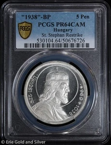 "1938"-BP Hungary Proof St. Stephen 5 Pengő Restrike PCGS PR 64 CAM - Picture 1 of 4