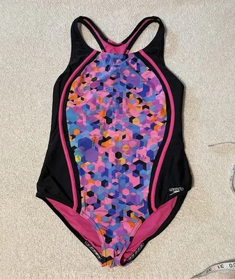 Speedo Girls Swimsuit Colorful Geometric Pattern Black And Pink Accents  - Image 1 of 4
