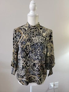 H&M Women 2 Blouse Top Black Gold Floral Geometric Flare Sleeve Blouse  - Picture 1 of 11