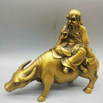 Antigua estatua de latón Laozi antiguo filósofo sobre buey taoísmo sabiduría decoración Foto 1 de 4