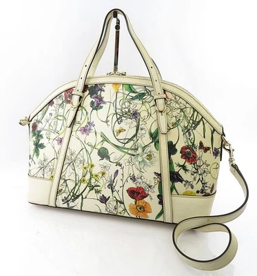 Auténtico bolso de mano GUCCI blanco estampado de flores de lona y cuero #62176 Foto 1 de 4