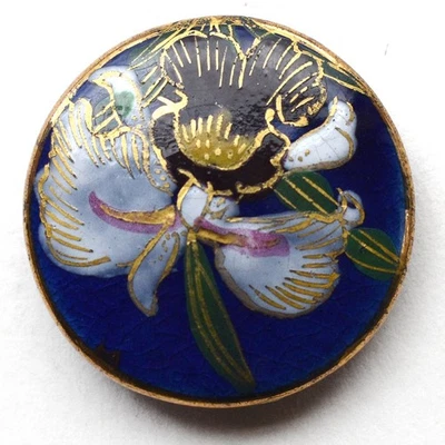Vintage Satsuma Button Cobalt Blue & White Iris Flower Gold Accents 7/8” - Image 1 of 4