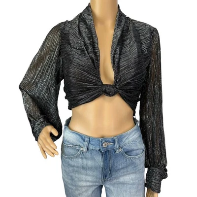 Novo com etiquetas Zara manga lanterna metálica crop top prata glam manga longa tamanho XS - Imagem 1 de 4