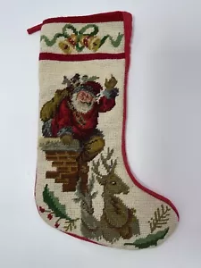 17” Needlepoint Velvet STOCKING Christmas Santa Chimney Pipe Bells Reindeer - Picture 1 of 6