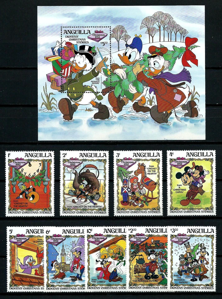 ANGUILLA, SCOTT # 547-556, MNH SET 9 STAMPS AND MINI SHEET DISNEY CARTOONS 1983 - Image 1 of 1