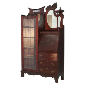 Antique Figural Carved Flame Mahogany Side By Side Secretary with Mirror C1890 - Picture 1 of 16