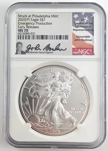 2020 (P) Silver Eagle $1 NGC MS70 Emergency Production FDOI Boehner Signed Label - Picture 1 of 3