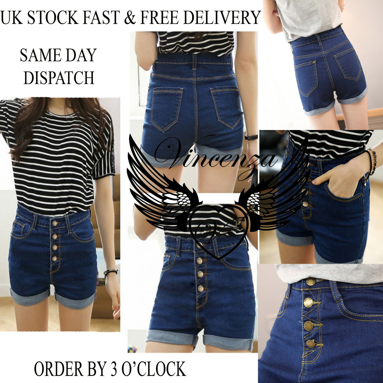 Womens Girls High Waist Denim Beach Wear Short Summer Blue Hot Pants Uk Vincenza Ebay