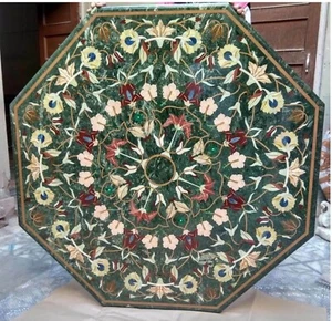 Octagon Green Marble Table Top Fine Arts Marquetry Handmade Work Furniture Decor - Picture 1 of 8