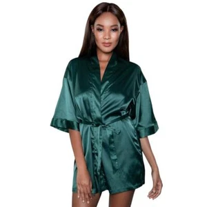 Satin Robe Three Quarter 3/4 Sleeves Sash Tie Closure Forest Green 1947 Small - Picture 1 of 4
