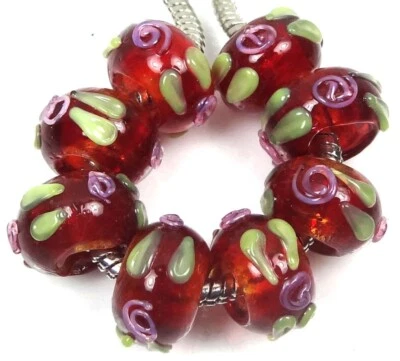 Pulsera 8 Murano Hecha a Mano Agujero Grande Ajuste Europeo Dije Amaranto Flor Carmesí Foto 1 de 2