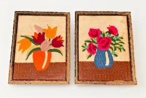 Mid-Century Crewel Embroidery Flower Art 6.5x9 Framed Yarn Stitch Pair 1940s VTG - Picture 1 of 10