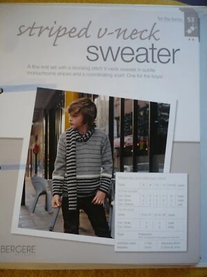 Striped V-Neck Sweater Knitting Pattern from Bergere de France Magazine - Image 1 of 2