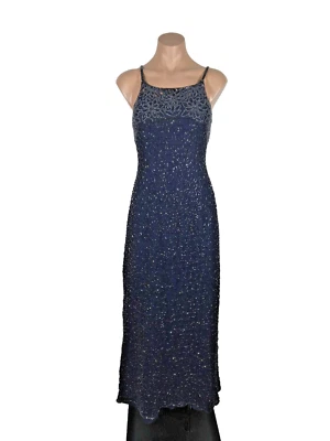 Vintage Stunning Scala Long Silk Beaded Open Sequin Square Neck Blue Gown sz M - Image 1 of 4