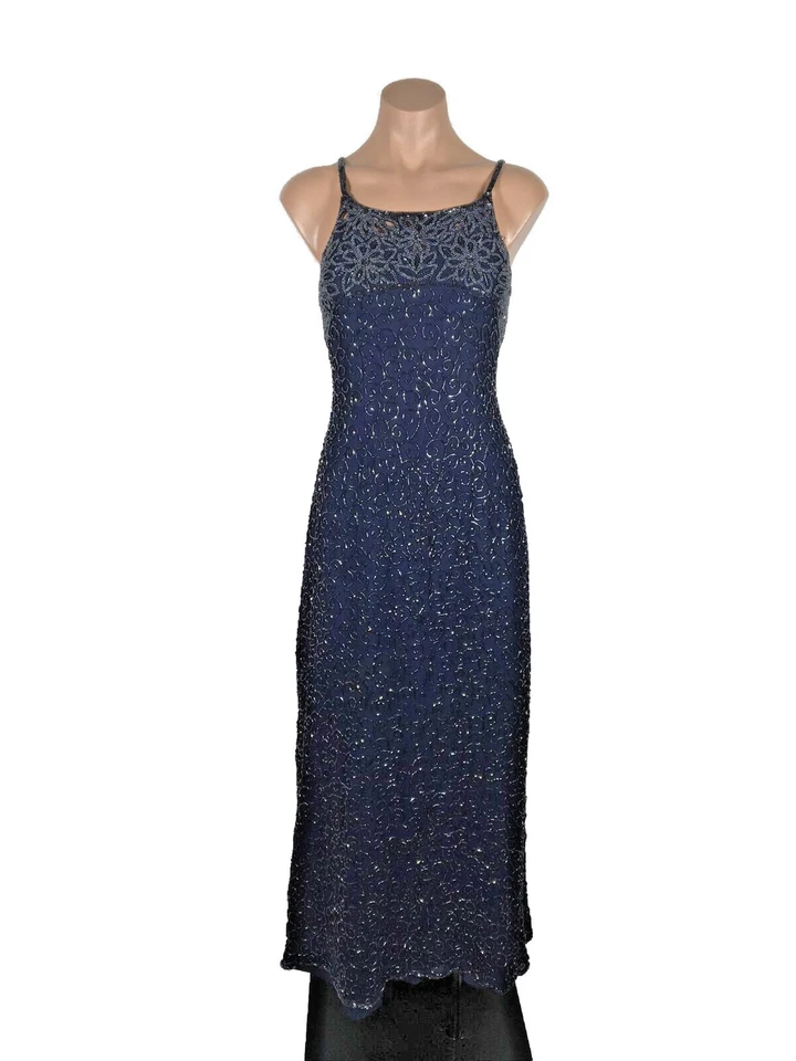 Vintage Stunning Scala Long Silk Beaded Open Sequin Square Neck Blue Gown sz M - Image 1 of 4
