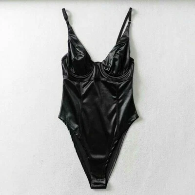 Damen Glänzend Body Turnanzug Ärmellos Elastisch Hoher Schlitz Bikini Bademode - Bild 1 von 4