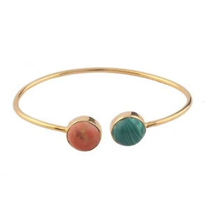 Fancy Turquoise Round Stone Handmade 24k Gold Plated Adjustable Bangle Bracelet - Picture 1 of 3