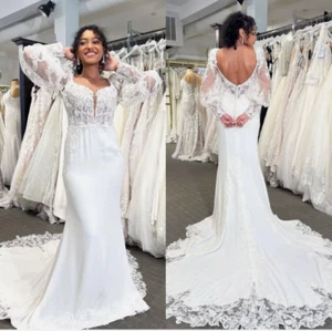 Meerjungfrau Brautkleider Langarm Rückenfrei Spitze Applikationen Schleppe Brautkleid - Bild 1 von 7