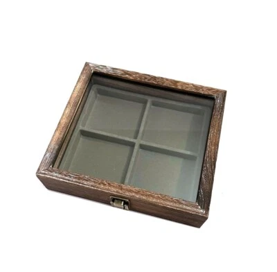 Reloj Bolsillo Rústico Madera Roble Oscuro Vidrio Vitrina Superior Gris 4 Espacios Joyería Foto 1 de 3