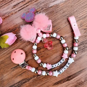 Set of two Personalised dummy clip and a Pram charm baby pink - Picture 1 of 1