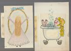 CARTOON Girls in Bath Tub &amp; In Front of Mirror 5.5x8&quot; Greeting Card Art LOT of 2