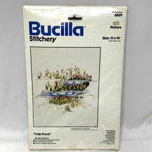Bucilla Stitchery 6809 Handarbeit Ente Tulpe Teich gestempelt Leinenbild Vintage - Bild 1 von 6