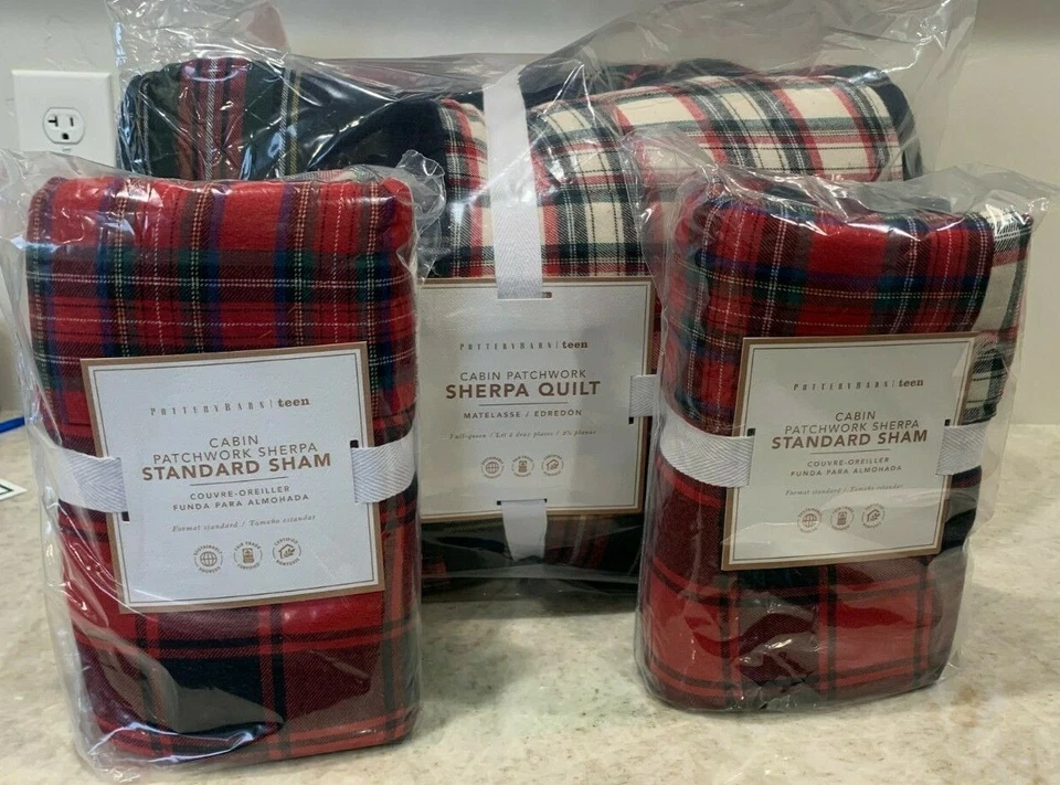 Pottery Barn Teen Cabin patchwork Tartan Christmas FULL QUEEN quilt shams SHERPA - Image 1 of 1
