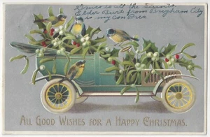 Postal Happy Christmas Greetings 1910 - decorada automática temprana con acebo y pájaros - Imagen 1 de 2