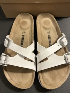 Cushionaire Sandals Womens 7 1/2 Liza Strappy Flats Cork White Leather SlipOn NW - Picture 1 of 5