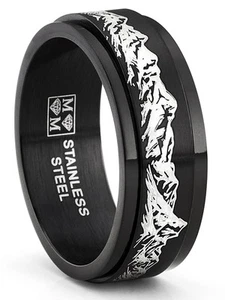 Men's Black Stainless Steel Fidget Ring Anxiety Wedding Band Outdoor Engraved - Picture 1 of 5