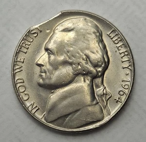 1964 D Jefferson Nickel 5c Unc Error Coin Curved Clipped Planchette - Picture 1 of 2