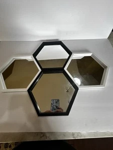 Black And White 4 Piece Hexagon Wall Hanging Framed Mirror Set Each 9,5” x 8.5” - Picture 1 of 4
