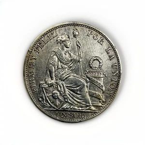 1894 TF Peru Un Sol Silver Coin 90% 25g 22.5g ASW E308 IUFR - AU - - Picture 1 of 2