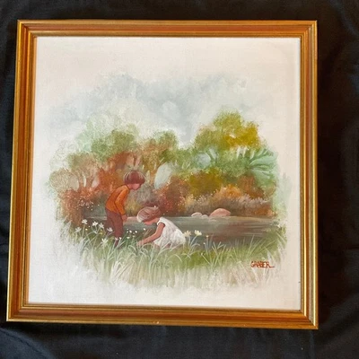 retrato menina menino crianças pintura a óleo década de 1970 arte original vintage por Graber - Imagem 1 de 4