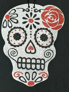Neuheit Sugar Skull Glitzer Schild mit Rose Halloween - Bild 1 von 11