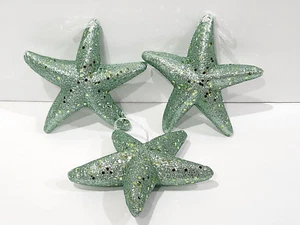 Christmas Coastal Sage Green Styrofoam Glitter Starfish Ornaments Set of 3 - Picture 1 of 5
